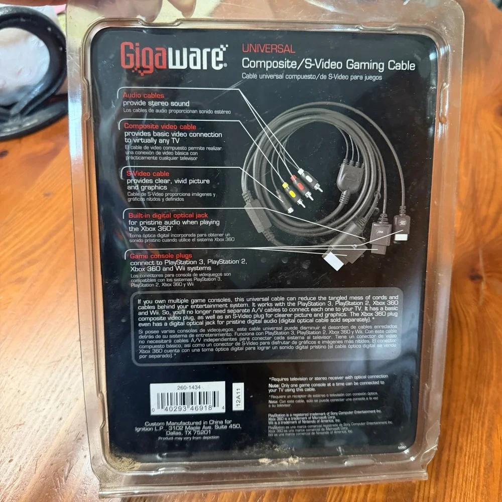 Gigaware Universal Composite S-Video Gaming Cable PS2 PS3 Xbox 360 Wii 26-1434